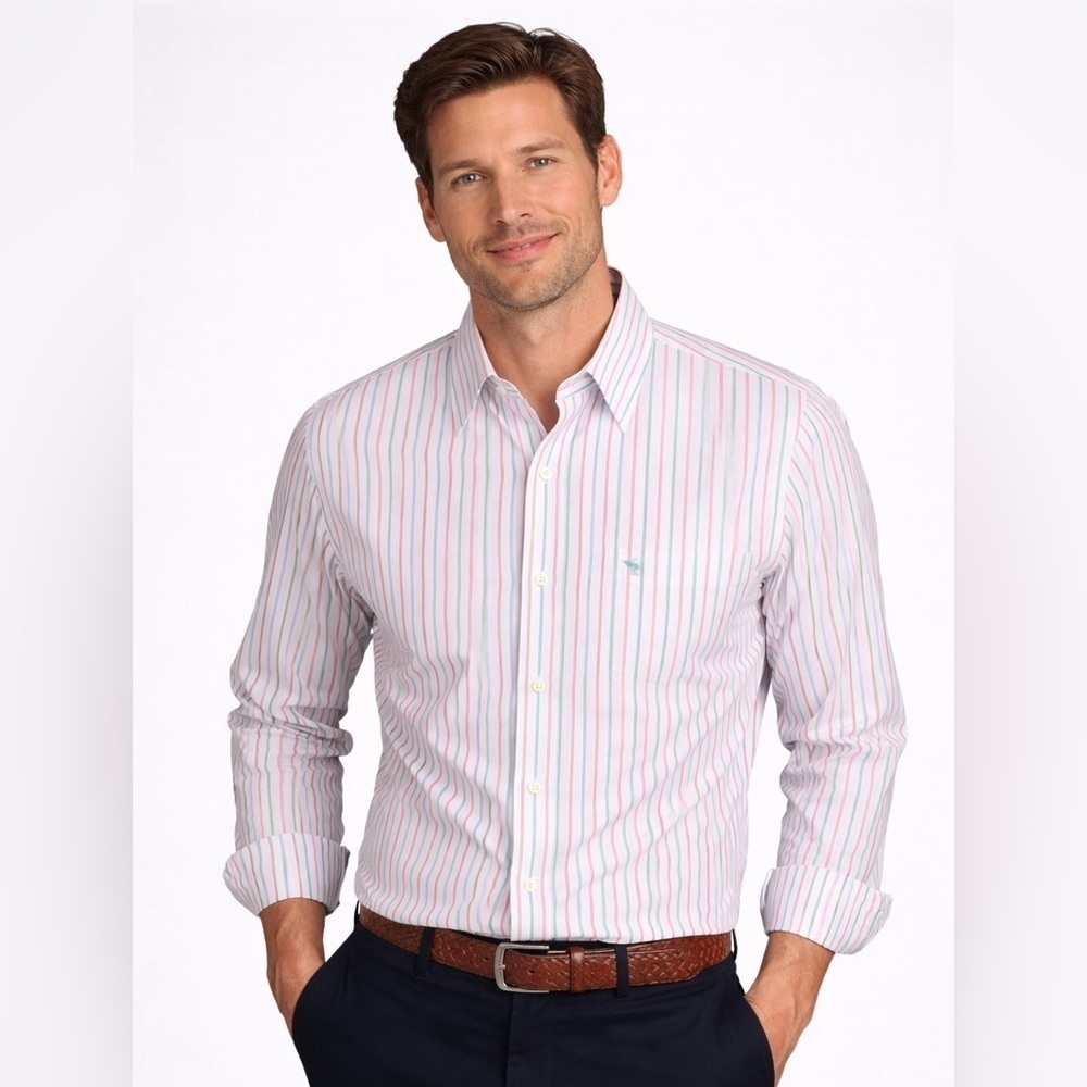 Abercrombie & Fitch Muscle Fit Striped Shirt Pink & Green L Cotton Long Sleeve
